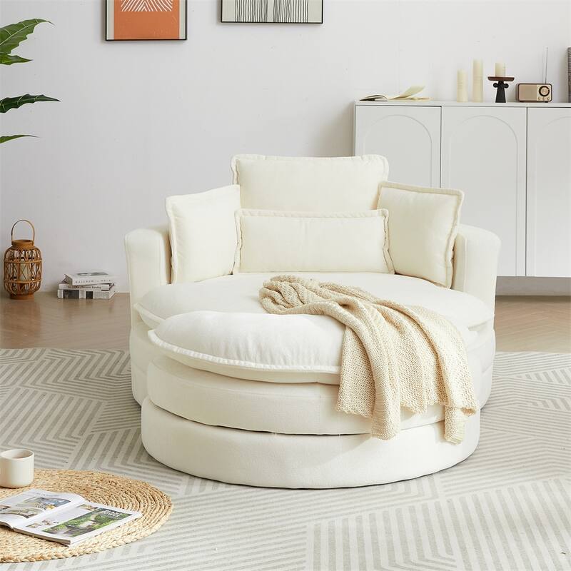 52" Swivel Fabric Big Round Chair with Storage Ottoman and Pillows
