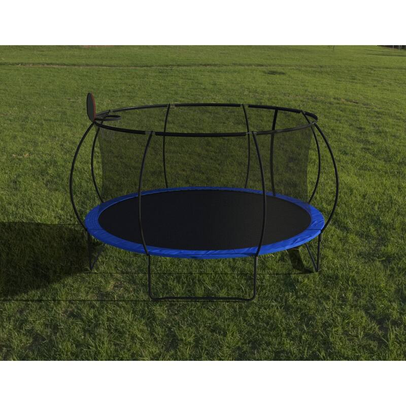 14 foot trampoline with safety fence - Outdoor backyard bouncing mat, including ladder and basketball board (including ball)