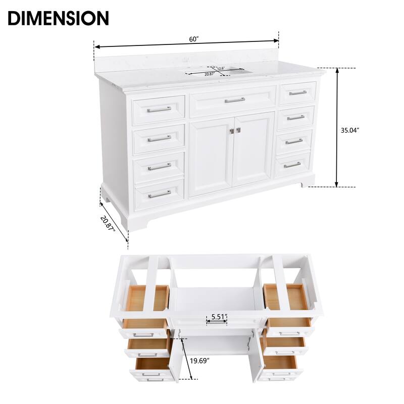 Prismatica Double Sinks Bathroom Vanity 60 in White, Marble Top & Splash