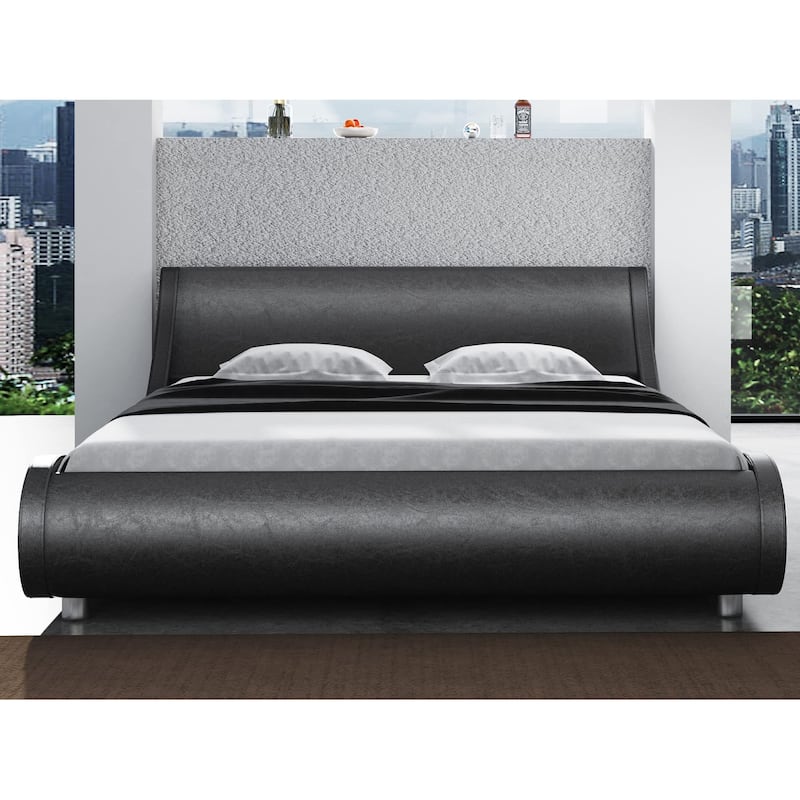 Modern Low Profile Platform Bed Frame Queen Size, Faux Leather