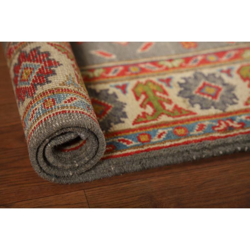 Gray Kazak Foyer Rug Handmade Geometric Wool Carpet - 2'9"x 4'1"