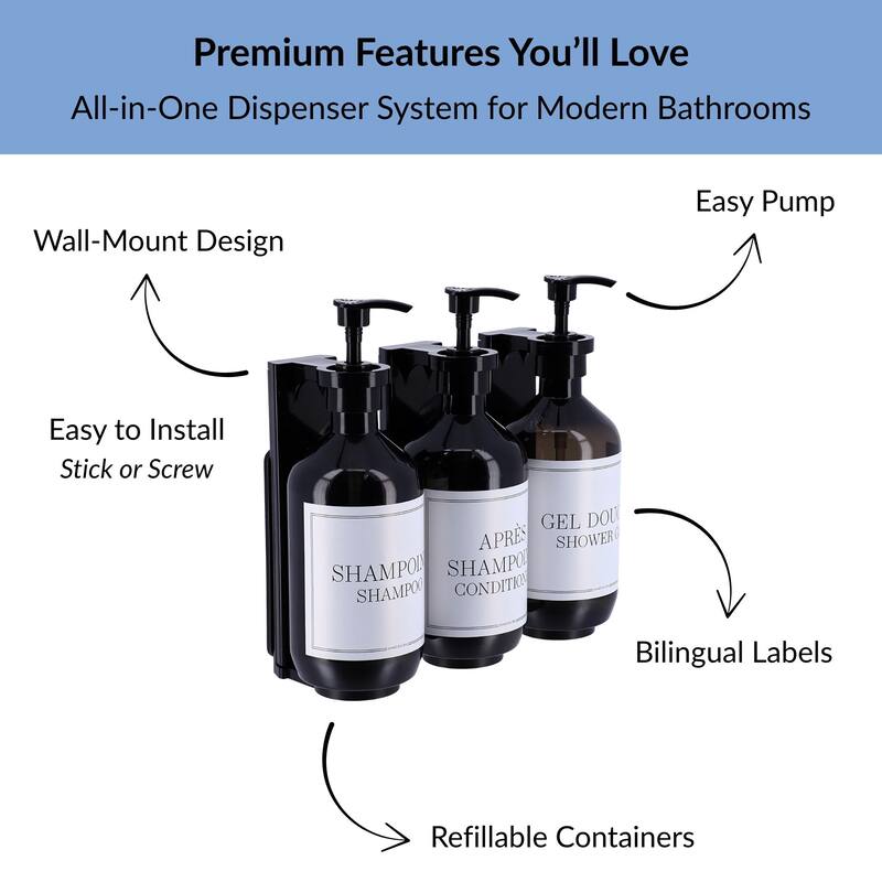 Set of 3 Black Wall-Mounted Shower Dispensers 17 fl oz (500ml) - 9.25 L x 3.75 W x 8 H