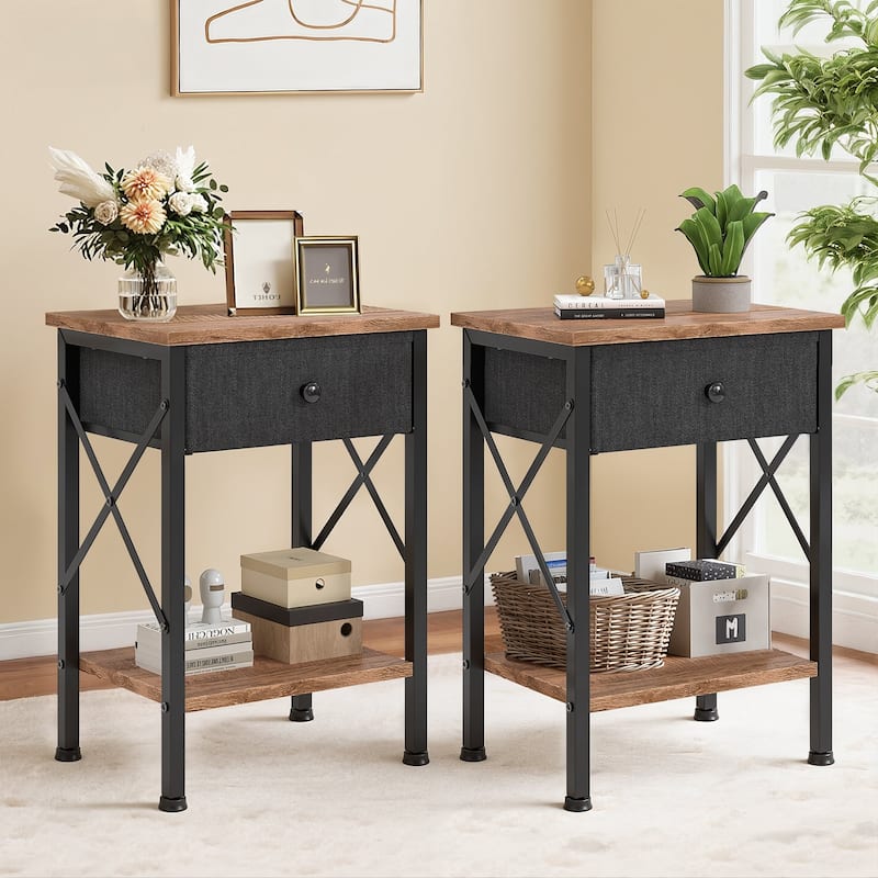 Javlergo 2 Pack X Frame Nightstand with Removable Fabric Drawer Easy to Clean Multifunctional End Table with Open Shelf - Walnut