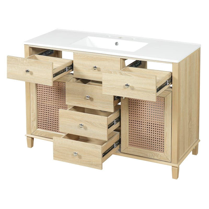 Christopher Knight Home - Modern Handwoven Rattan Bathroom Vanity with Ceramic Sink, Soft-Close Storages & Adjustable Shelving