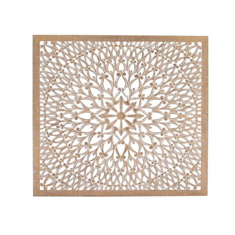 Light Brown Wood Handmade Intricately Carved Floral Home Wall Decor with Mandala Design
