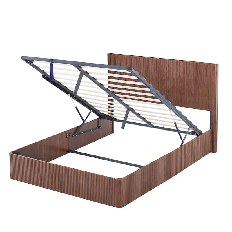 Queen Size Hydraulic Lift Storage Bed Frame, Wooden Corrugated Design, No Box Spring Needed, Walnut Finish