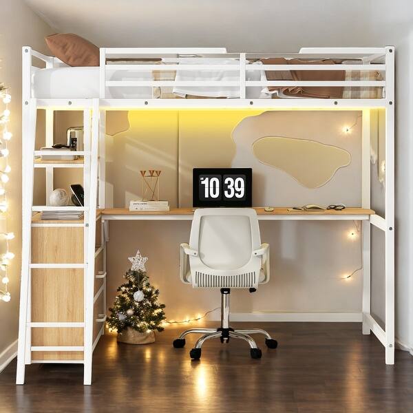 slide 2 of 16, Twin Loft Bed with Desk, Drawers, and LED Lights,Kids Bed Design