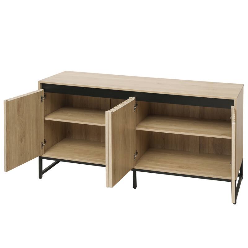 LED Sideboard Buffet Cabinet Storage Cabinet w/ Adjustable Shelf, Carved Cupboard Console Table for Living Room Hallway, Natural