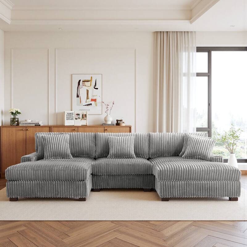 114.5" W Upholstered Sectional Modular Sofa with 2 Ottomans - Light Grey