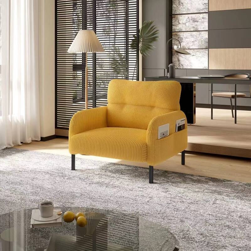 Corduroy Upholstered Single Sofa Chair, Lounge Reading Chair with Side Pockets, Armchair with Solid Wood Frame