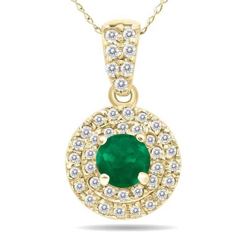 Marquee 3/4 Carat TW Double Halo Emerald And Diamond Pendant in 10K Yellow Gold