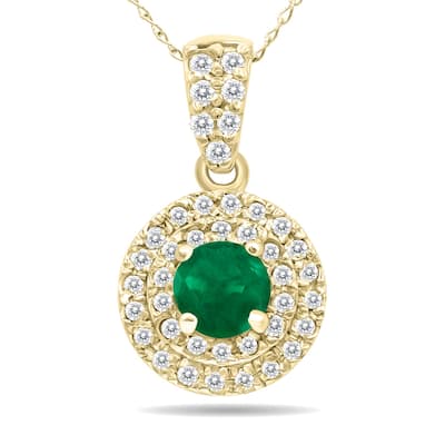 Marquee 3/4 Carat TW Double Halo Emerald And Diamond Pendant in 10K Yellow Gold