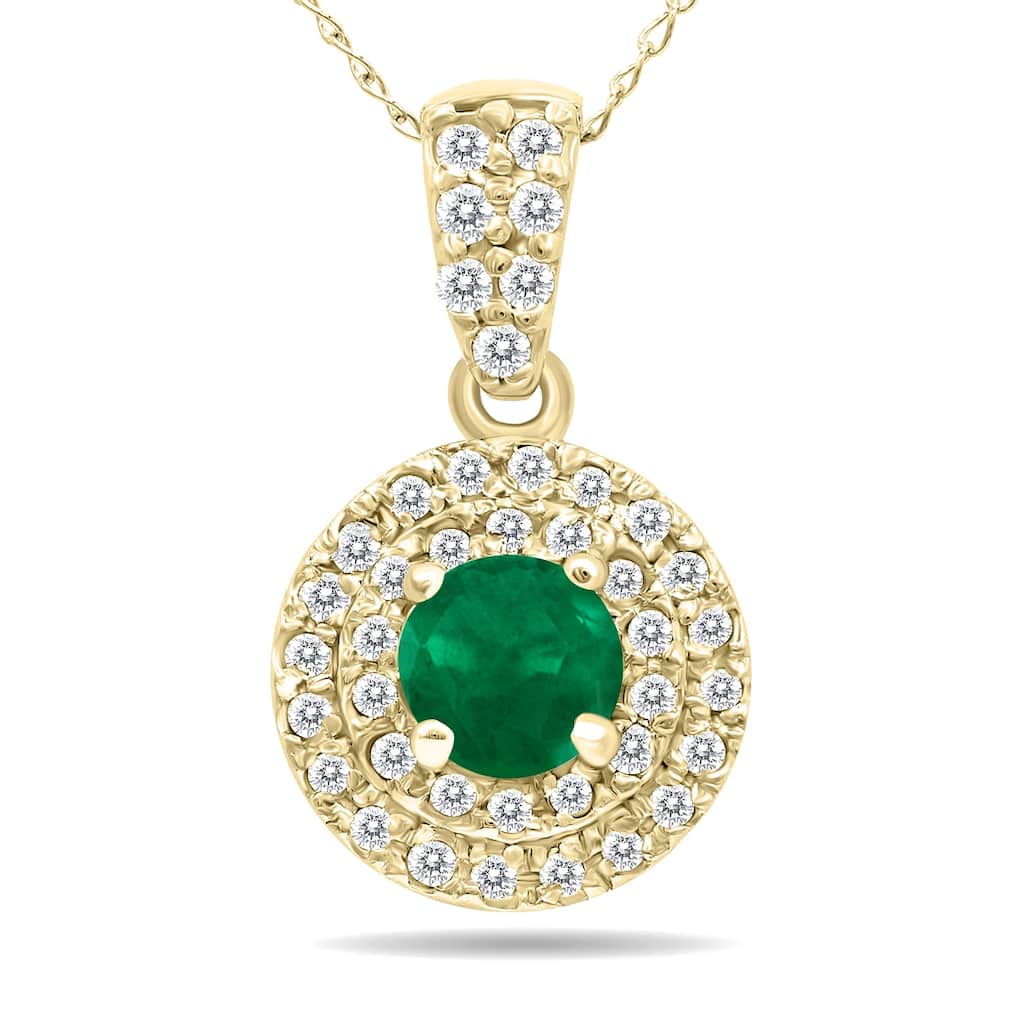 Marquee 3/4 Carat TW Double Halo Emerald And Diamond Pendant in 10K Yellow Gold
