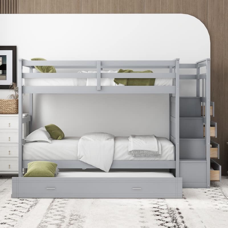 Solid Wood Bunk Bed with Trundle and Staircase