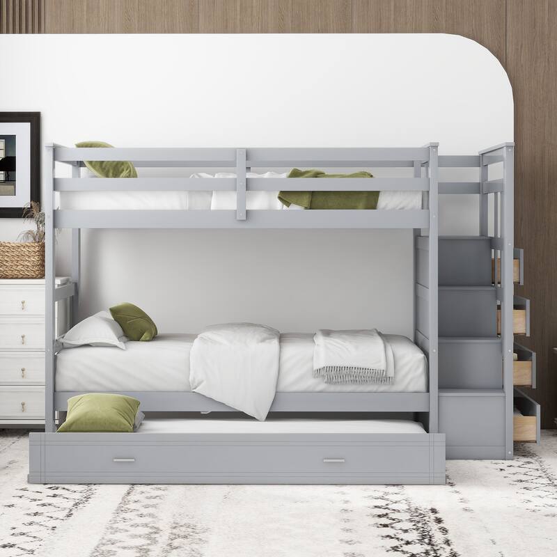 Twin Over Twin Bunk Bed with Trundle and Staircase, Gray