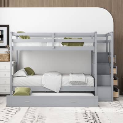Twin-Over-Twin Bunk Bed with Trundle and Storage Drawers, Sturdy Wood Frame