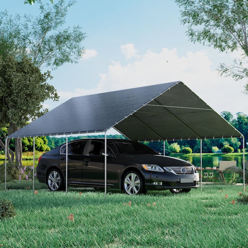 Heavy Duty Carport, Waterproof & UV Resistant Garage Cover with 8 Heavy-Duty Galvanized Steel Poles, Tool-Free Assembly - Premium - 20'x20' Grey