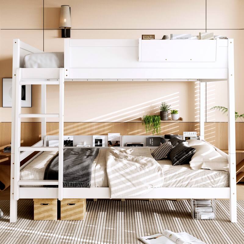 Wood Bunk Bed with Storage Shelves and Bookshelf, Ladder & Guardrails, Detachable Design