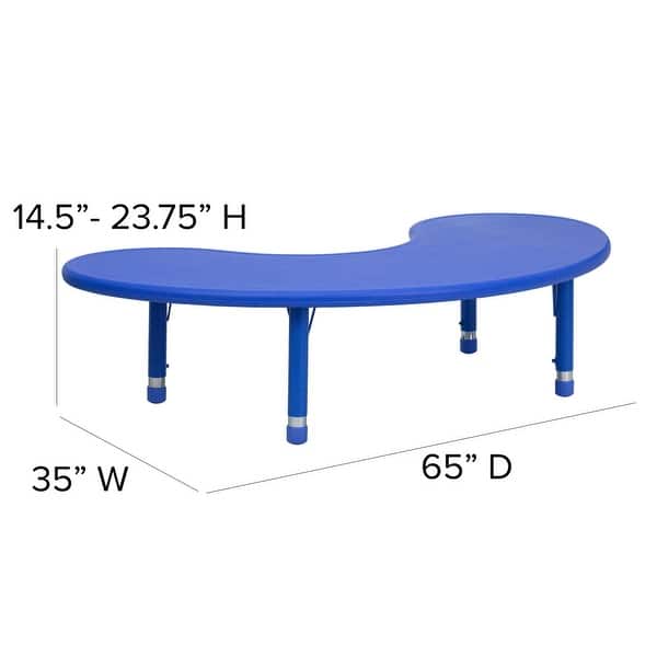 dimension image slide 1 of 4, 35"Wx65"L Half-Moon Plastic Adjustable Activity Table for 8 - 65"D x 35"W x 14.5" - 23.75"H