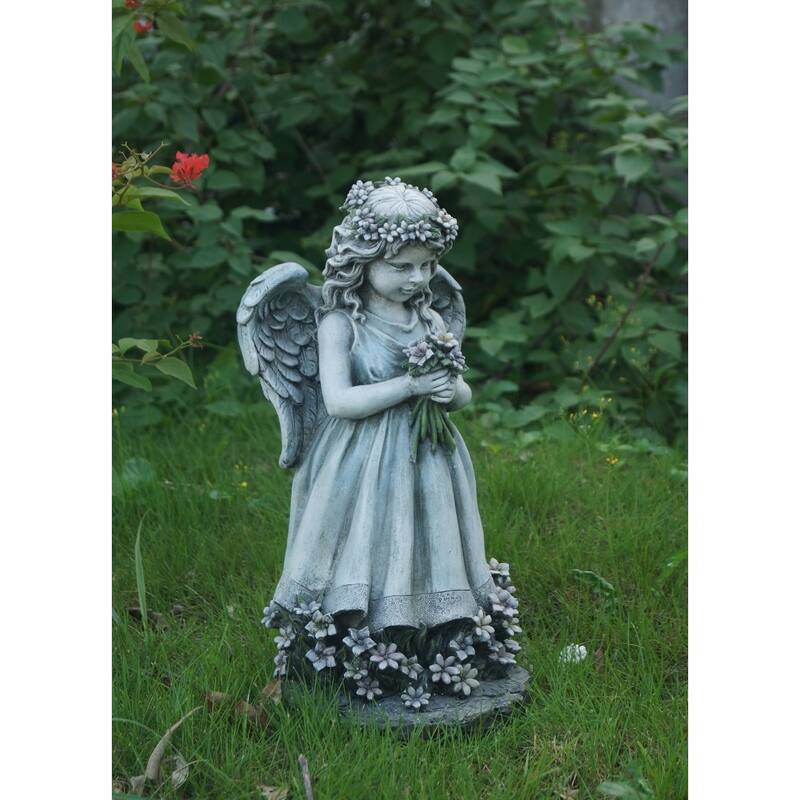 19" Standing Child Angel Holding Flowers Outdoor Garden Statue