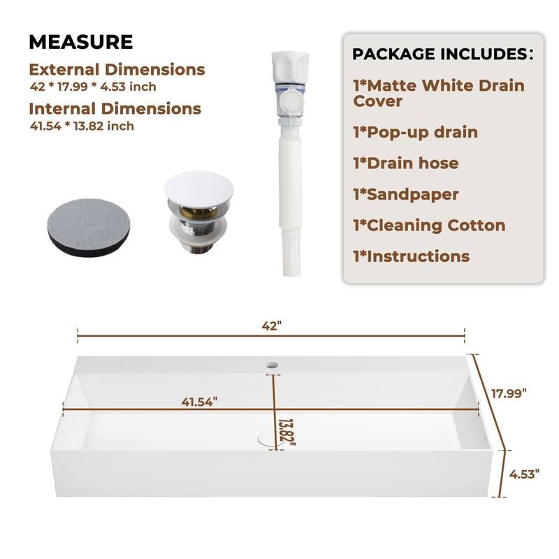 Solid Surface Wall-Mounted Rectangular Bathroom Sink with Pop-Up Drain, Modern Floating Wash Basin with Center Drain
