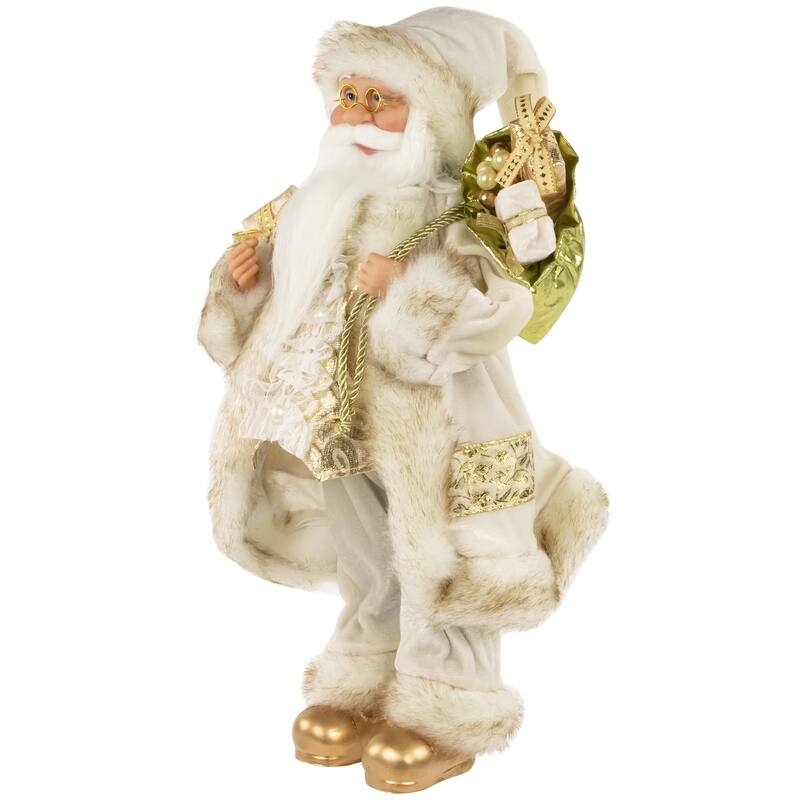 18" Ivory and Gold Santa Claus with Gift Bag Christmas Figure