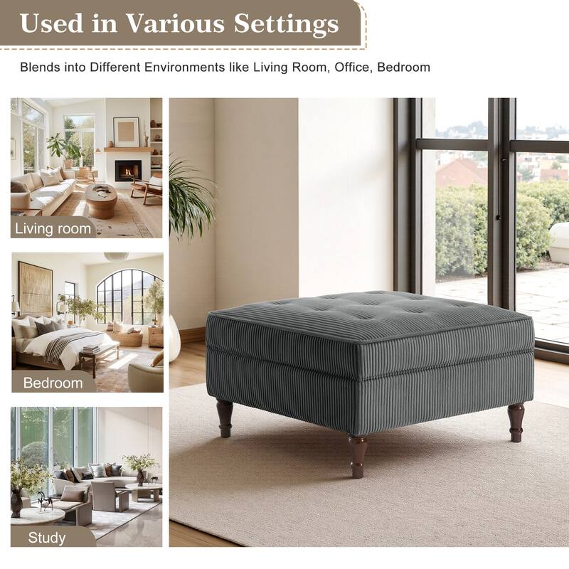 Modular Corduroy Tufted Storage Ottoman with Reversible Tabletop