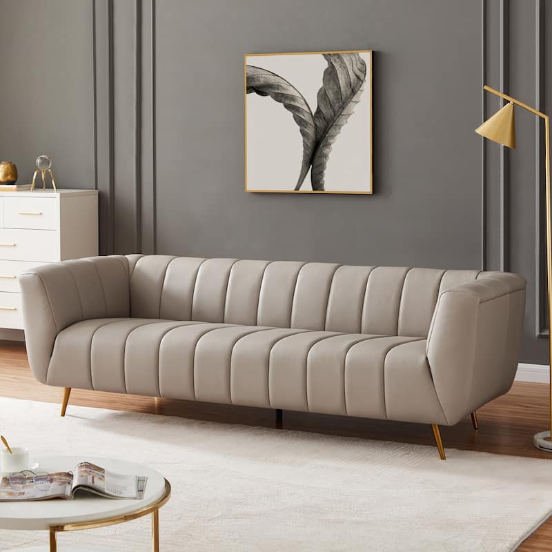 Clovis Mid Century Modern Furniture Style Full Grain Italian Leather Couch in Light Grey