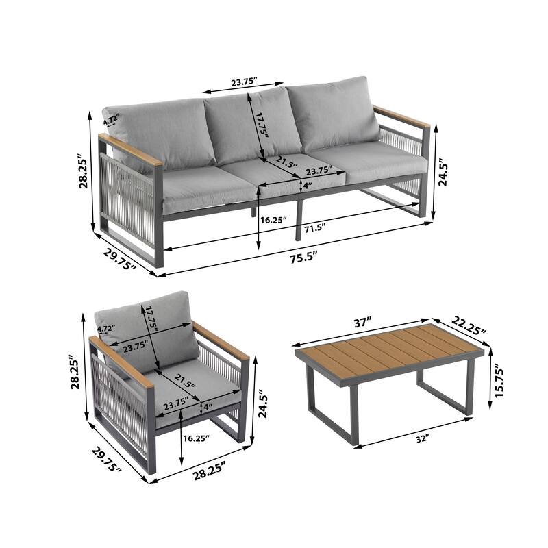 Roomfitters 4 Piece Outdoor Patio Set Metal Frame Rope Woven Deep Seating Sofa, Natural Gray