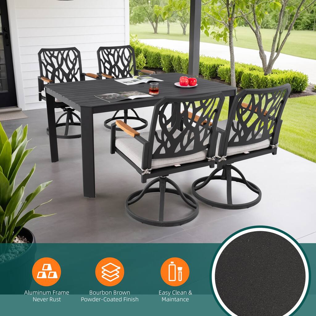5-Piece Modern Outdoor Aluminum Dining Set ，4 Swivel Rockers with Sunbrella Cushions, Branch Backrest ，Table w/Umbrella Hole