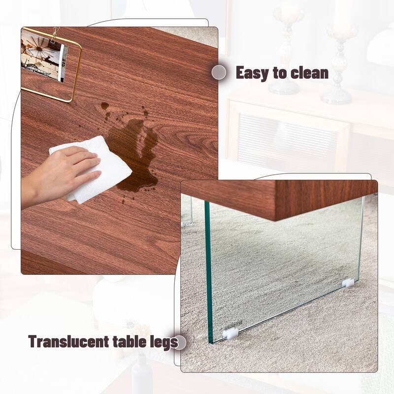 Walnut Colored MDF Coffee Table - 39.3"x21.6" with Tempered Glass Legs.Density Board Sticker,Reinforced Glass Legs.Walnu