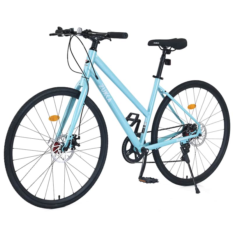 7 Speed Hybrid City Commuting Bike with Double Brakes, 18 Inch Steel Frame, 700C Road Cycling Bicycle for Boys & Girls - Blue