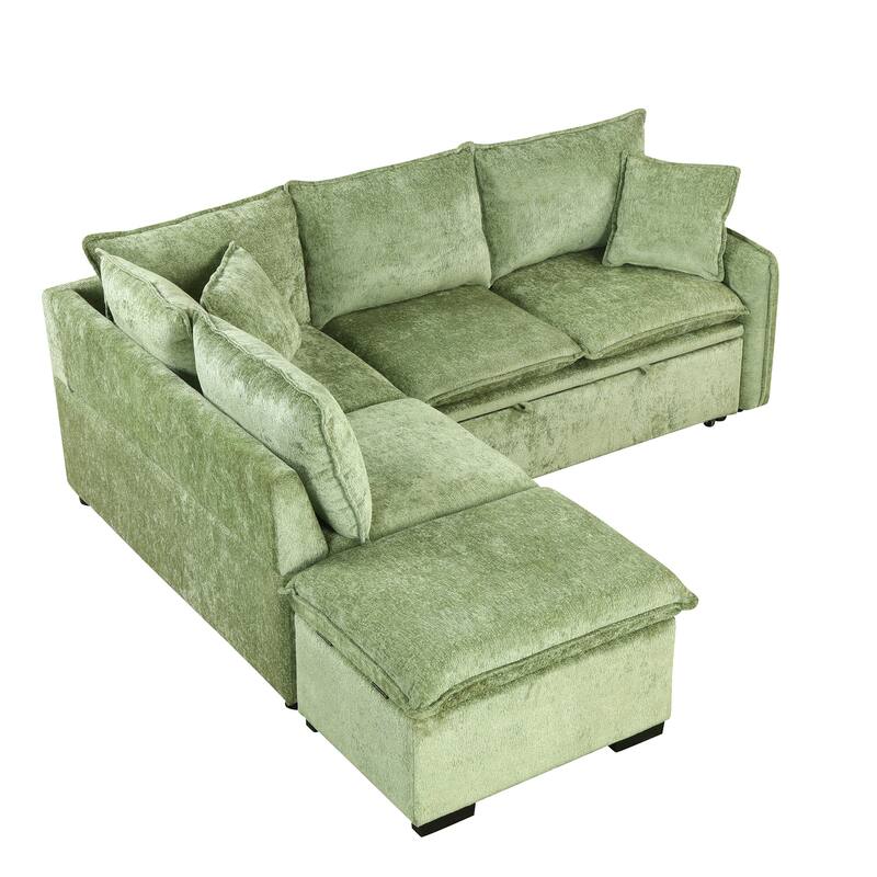 Green 82.67" L-Shaped 5-Seat Sectional Sofa with Pull-Out Bed, Storage Ottoman, 2 USB Ports, Power Sockets, and 2 Cushions