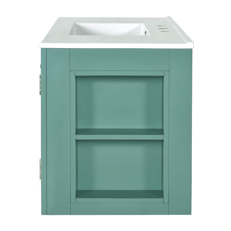 Roomfitters 36" Floating Vanity with Ceramic Sink, Wall Mounted Cabinet with 3 Drawers, Solid Wood Frame Design, Green