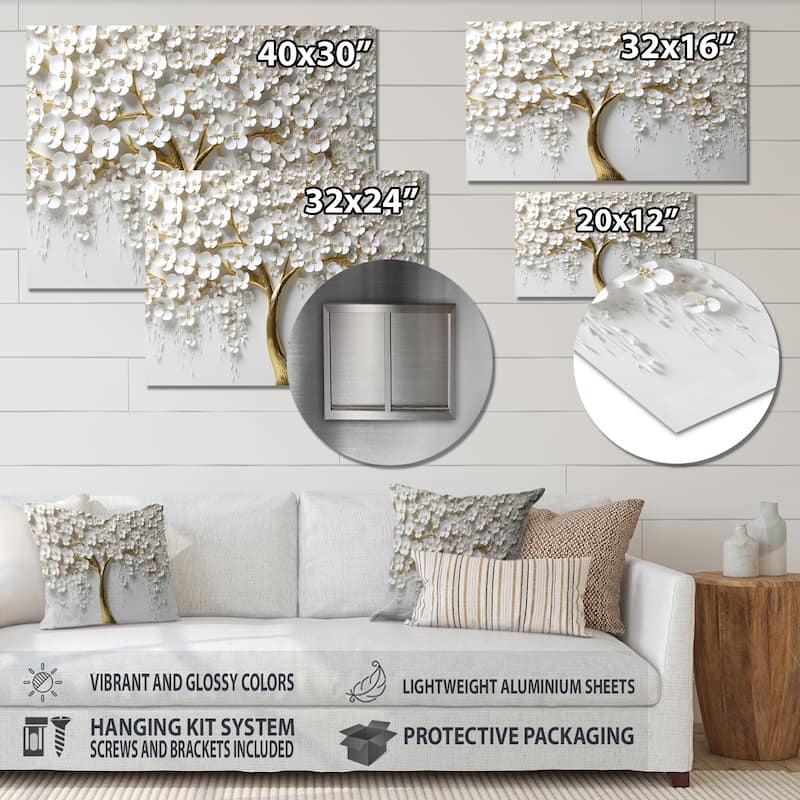 Designart "White Orchid Tree Garden Of Branches III" Tree Floral Metal Wall Art Print On Metal