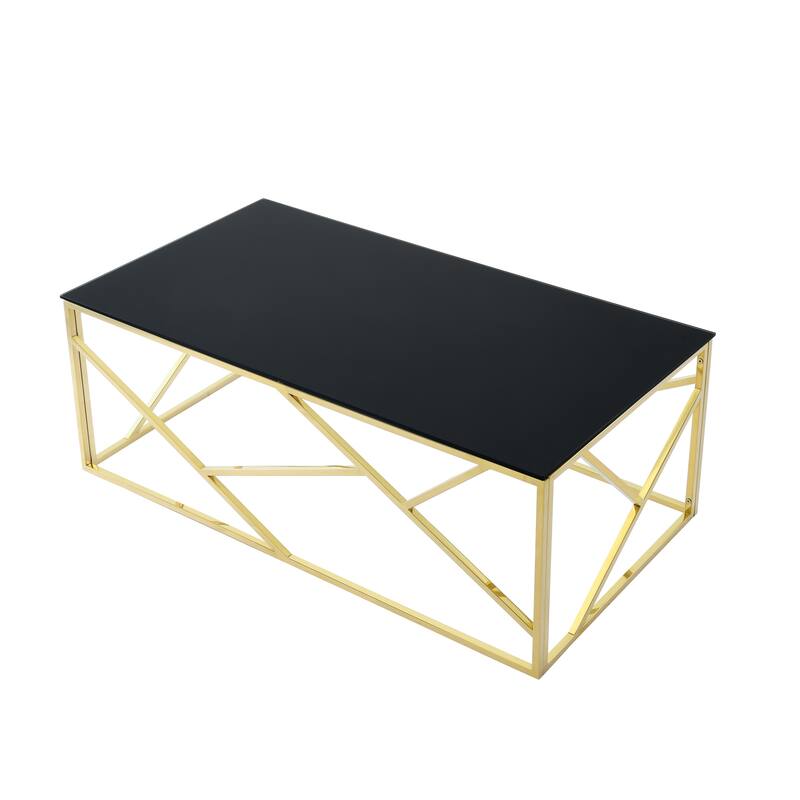 Modern Rectangular Coffee Accent Table with Black Tempered Glass Top and Stainless Steel Frame for Living Room Bedroom