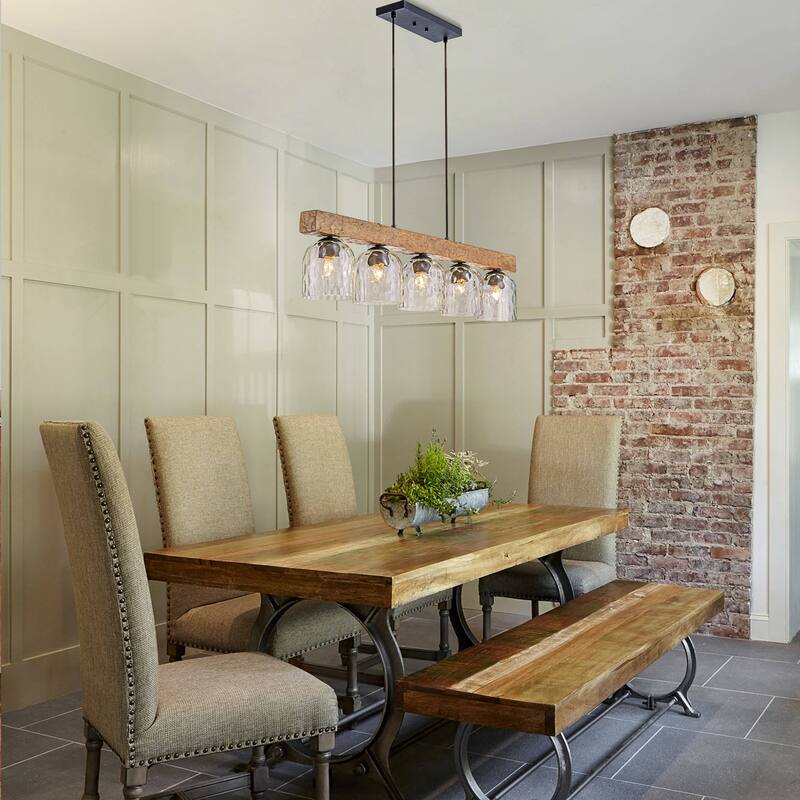 Farmhouse 5-Light Linear Island Pendant with Hammered Glass Shades and Antique Wood Finish