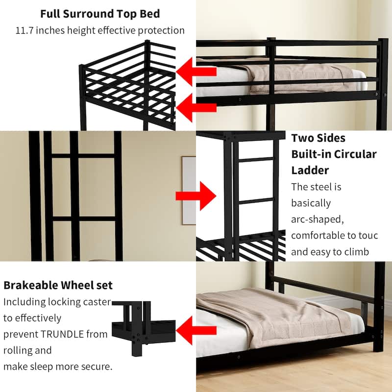 Roomfitters Metal Twin over Twin Bunk Bed, Heavy-duty Sturdy Metal, Noise Reduced, Safety Guardrail, No Box Spring Needed