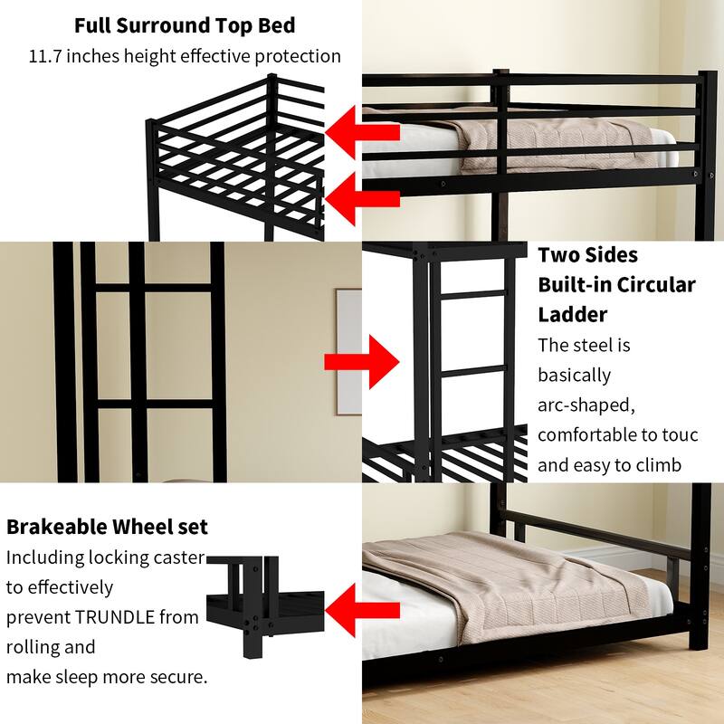 Twin over Twin Metal Bunk Bed with Safety Guardrail, Sturdy Construction, No Box Spring Needed