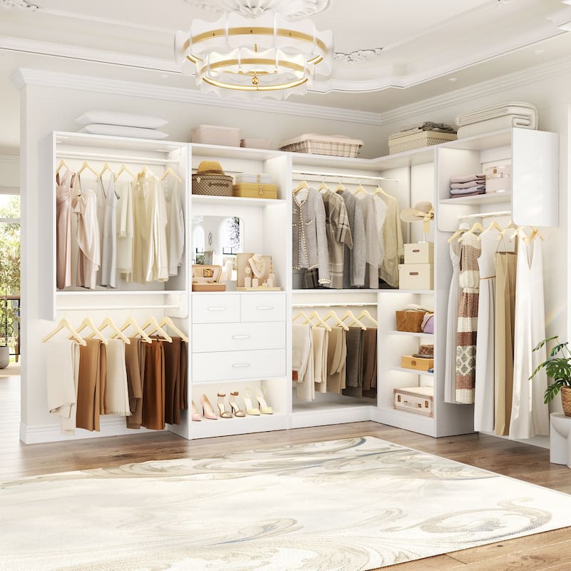 Cimly Set of 4/ 5 Modular Closet System with Drawers and Mirror, Corner Closet Organizer with Hanging Rods and Shelves - 111.9'' - White