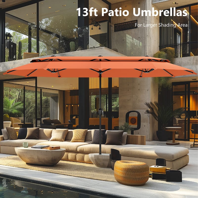 MAISON ARTS 13ft Double-Sided Outdoor Umbrella, 2-Tier Vented Market Umbrella with Colored Lights and Base