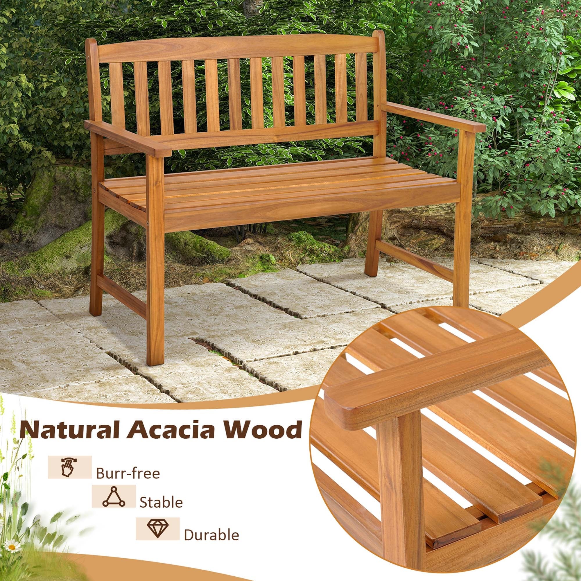 Costway Patio Acacia Wood Bench 2-Person 800 Lbs