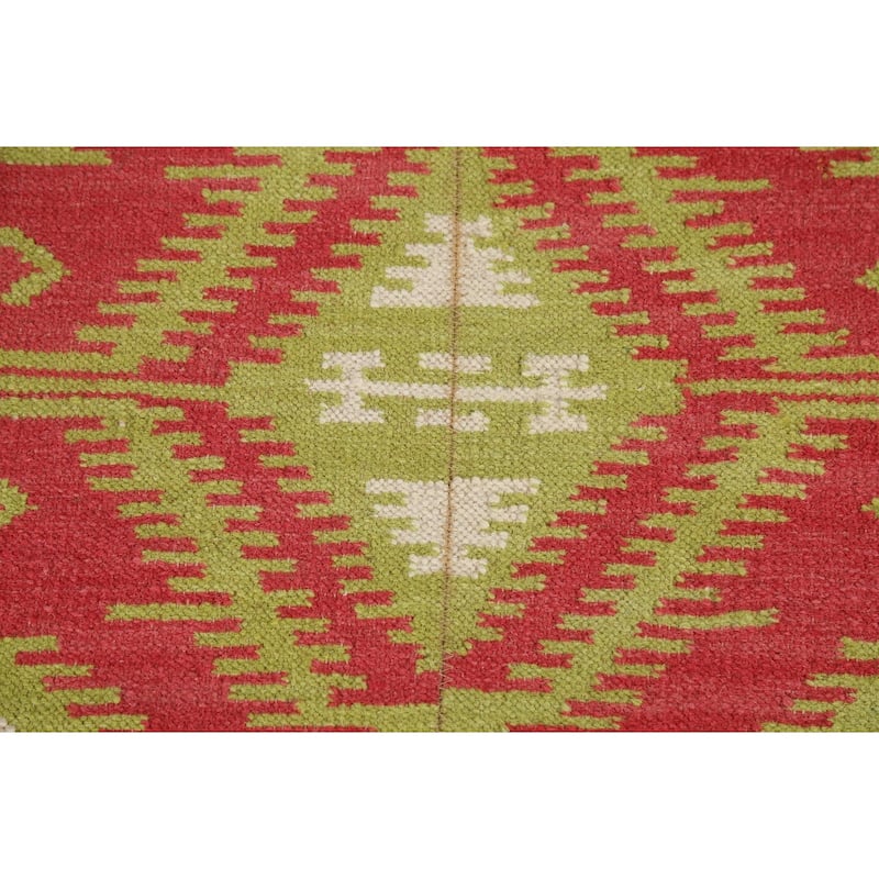Geometric Kilim Oriental Area Rug Flatweave Pink Wool Carpet - 5'11"x 8'10"