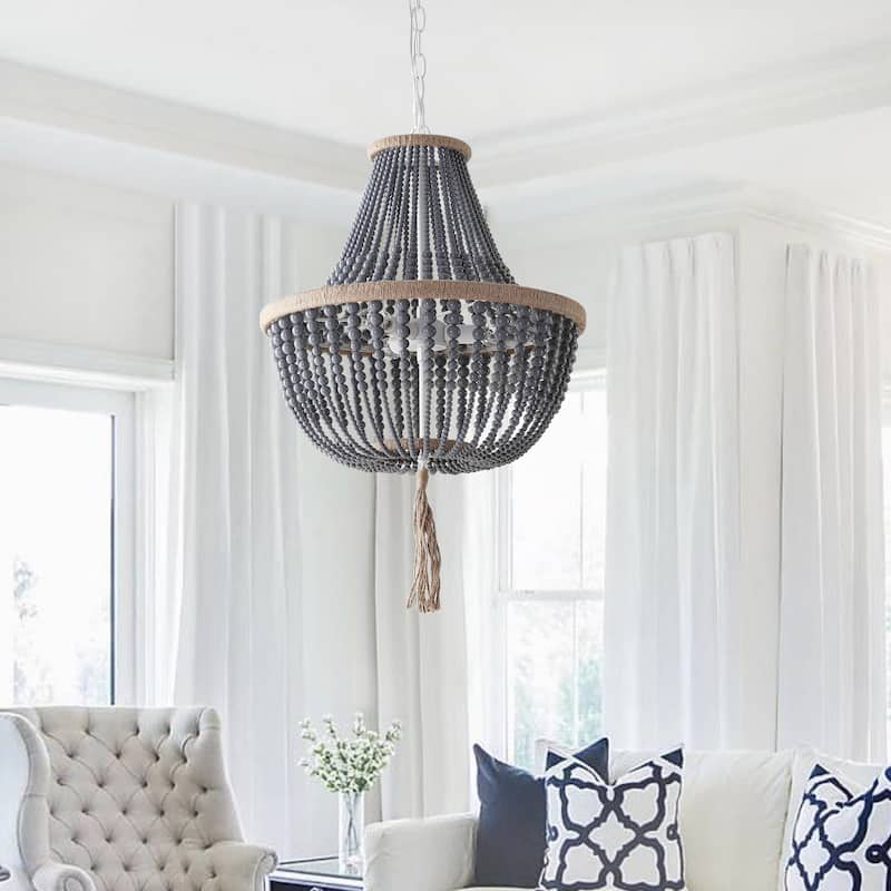 SAFAVIEH Lighting Kaori 3-Light Cream Adjustable Beaded Pendant Lamp - Grey
