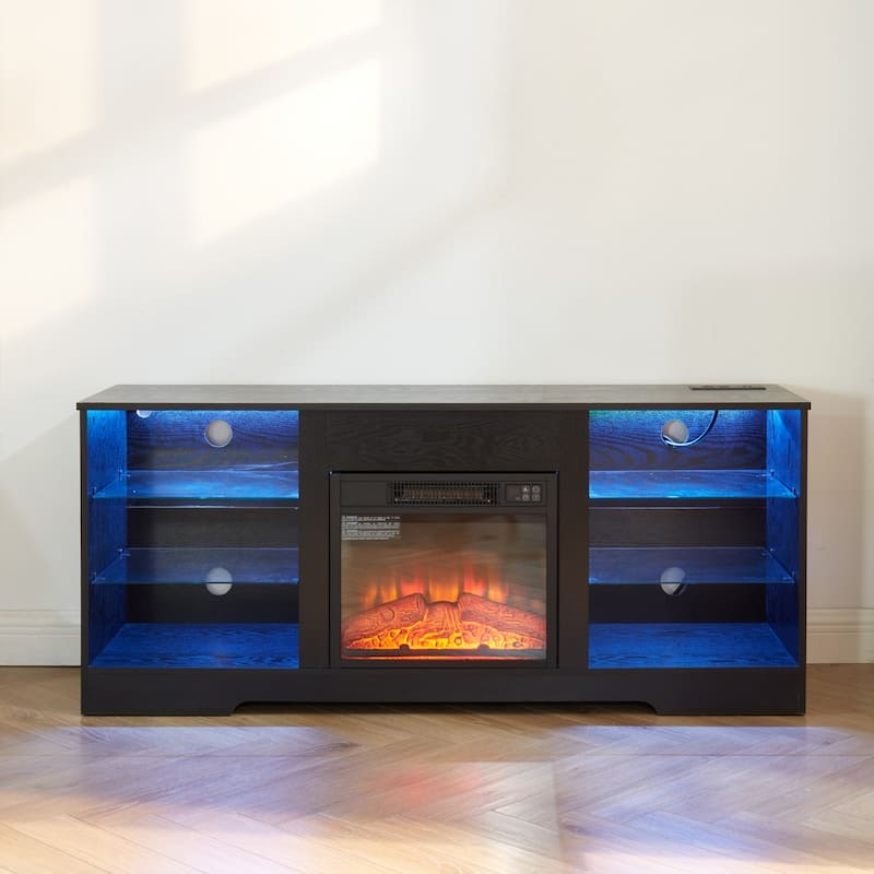 57.87" Electric Fireplace TV Stand with Glass Shelves, LED Lights, and USB Charging Outlet for TVs Up to 50"
