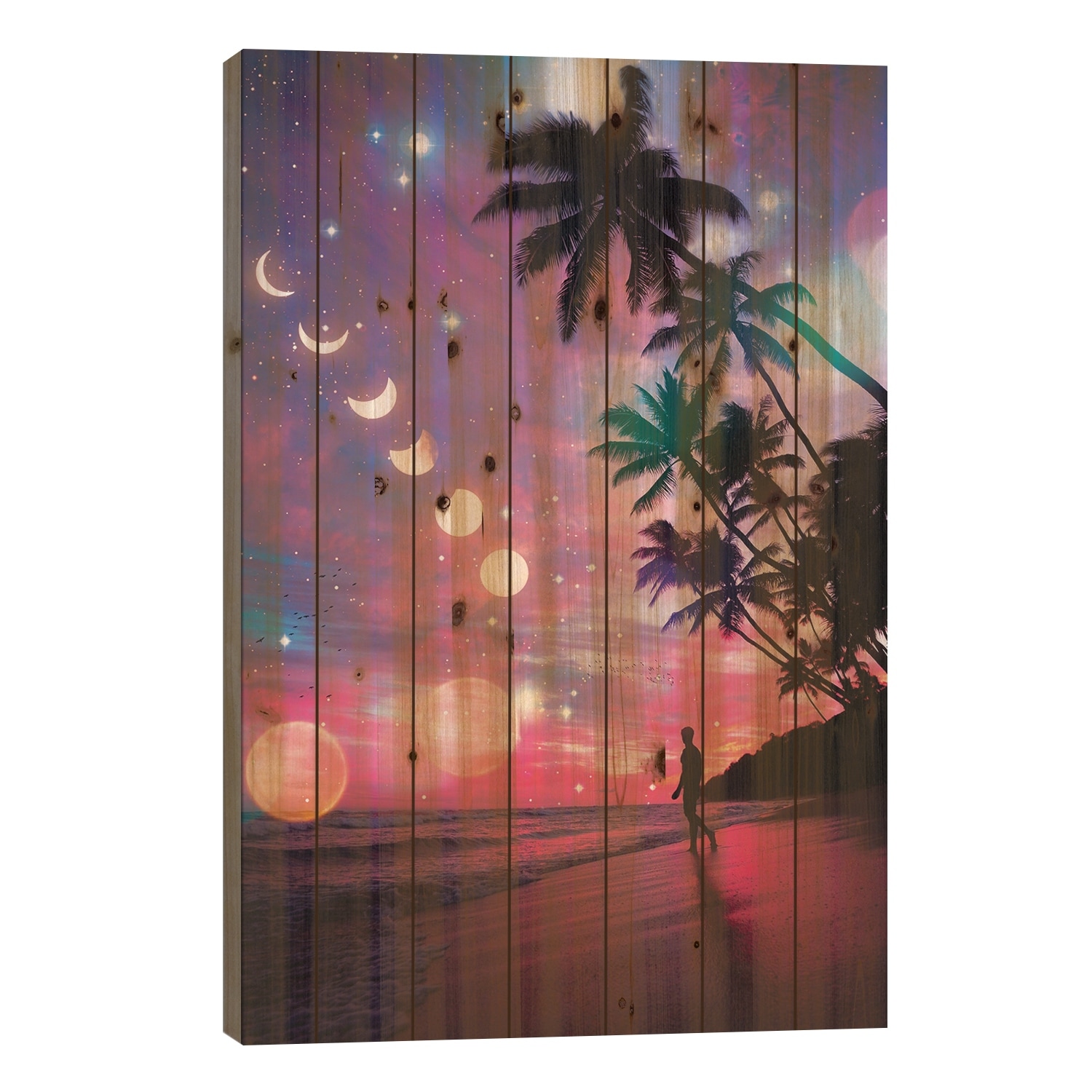 Moon Phases On The Exotic Beach Print On Wood by GEN Z - Multi-Color