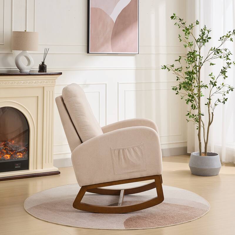 27.2"W Rocking Chair Side Chair with High Back and Side Pocket, Accent Chair Beige Armchair with Wood Legs