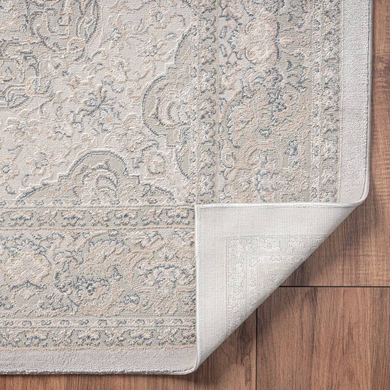 Sevita Gray and Cream Traditional Medallion Polyester Area Rug