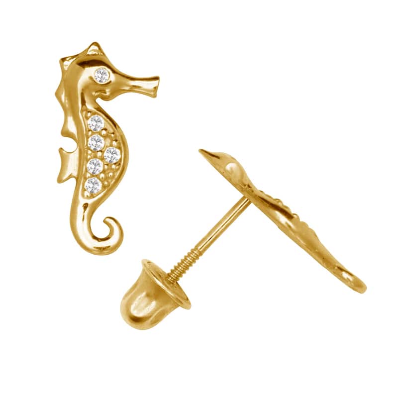 Curata 14k Gold Small Round Cubic Zirconia Seahorse Screw Back Earrings - Orange - Yellow