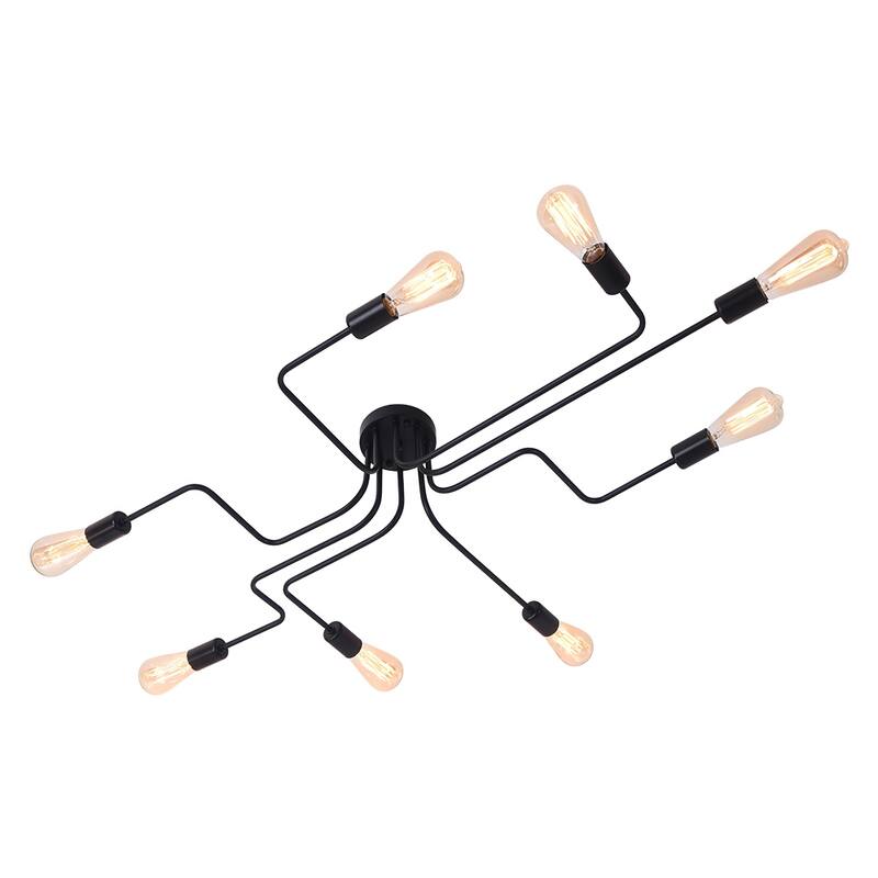 8-Light Modern Black Linear Sputnik Semi-Flush Mount Light Industrial Spider Ceiling Light